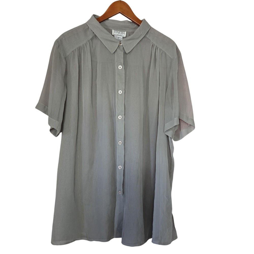 Venezia Button Up Shirt Womens Plus B6 Gray Collared Short Sleeve Tunic Top
